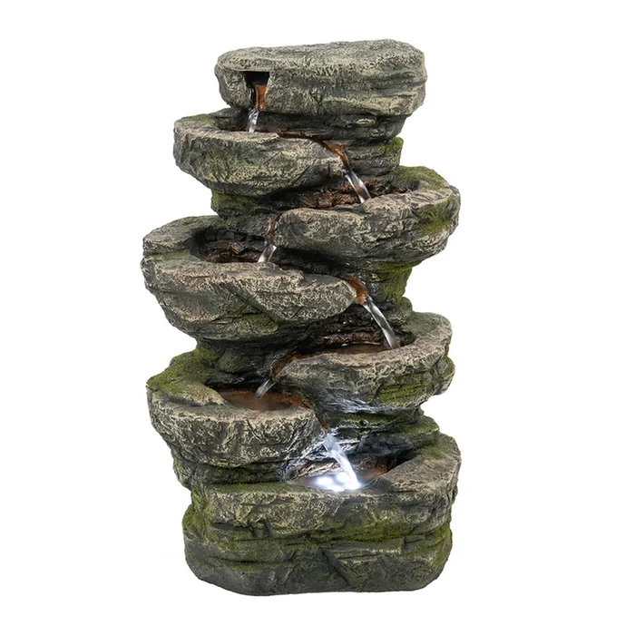 9X5X14″ Indoor Gray Stone Look Water Fountain, 7 Tier Polyresin Cascading Rock Tabletop Fountain With Led Light Gray Garden & Outdoor Rustic,Traditional Polyresin