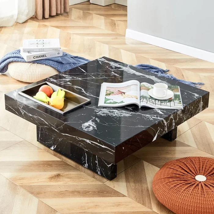 A modern and practical coffee table made of MDF material with black patterns. The fusion of elegance and natural fashion 31.4″x31.4″x12″