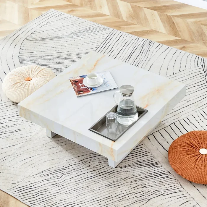 A Modern And Practical Coffee Table With Imitation Marble Patterns, Made Of Mdf Material. The Fusion Of Elegance And Natural Fashion 31.4″* 31.4″* 12 ” White Mdf
