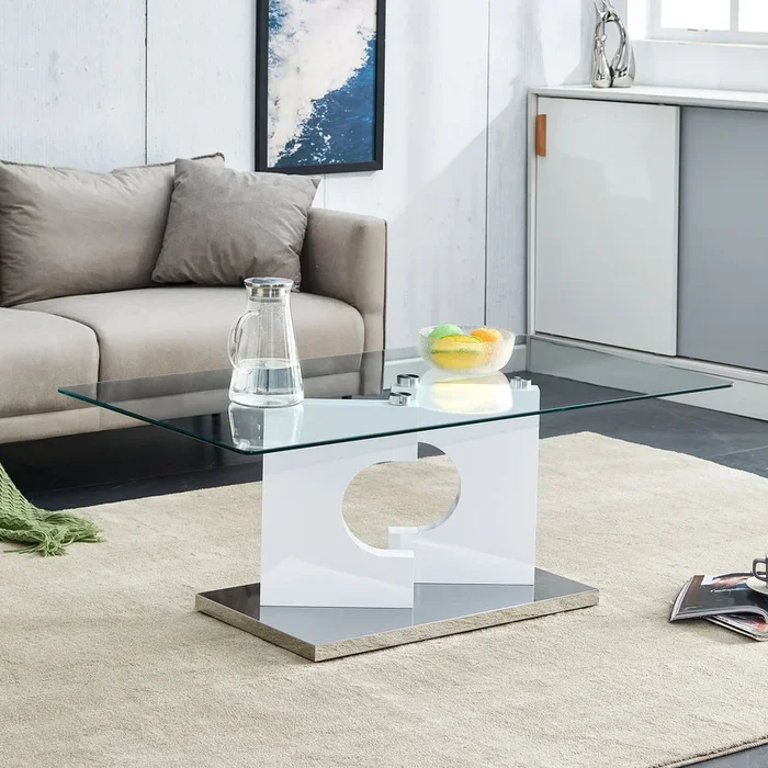 A Rectangular Modern And Fashionable Coffee Table With Tempered Glass Tabletop And White Mdf Legs. Suitable For Living Room.47.2″*25.5″*18″ White Glass