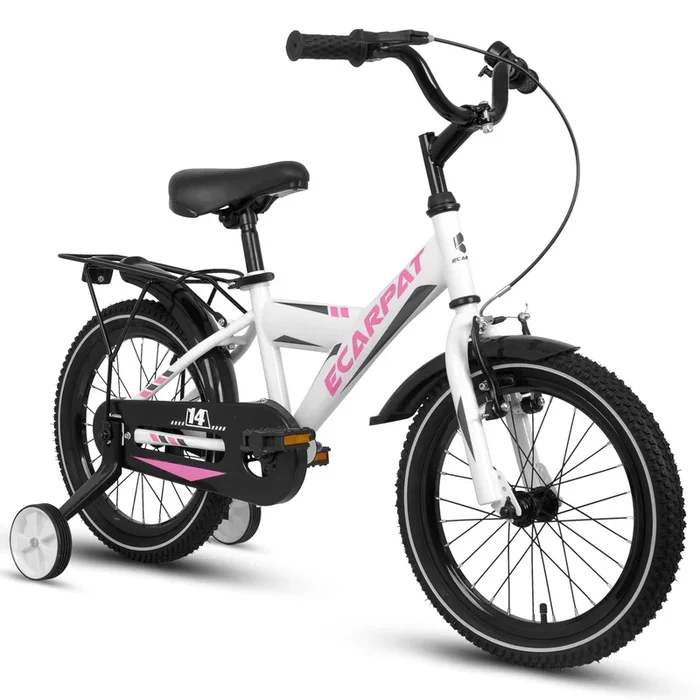 A14115 Kids Bike 14 Inch For Boys & Girls With Training Wheels, Freestyle Kids’ Bicycle With Fender And Carrier. White Steel