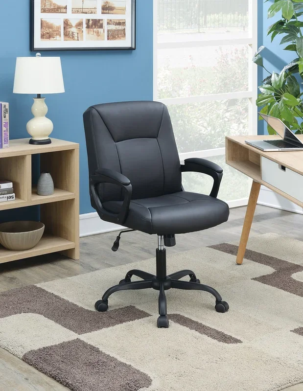 Adjustable Height Office Chair With Padded Armrests, Black Caster Solid Black Office Office Chairs Solid Back Adjustable Height Pu