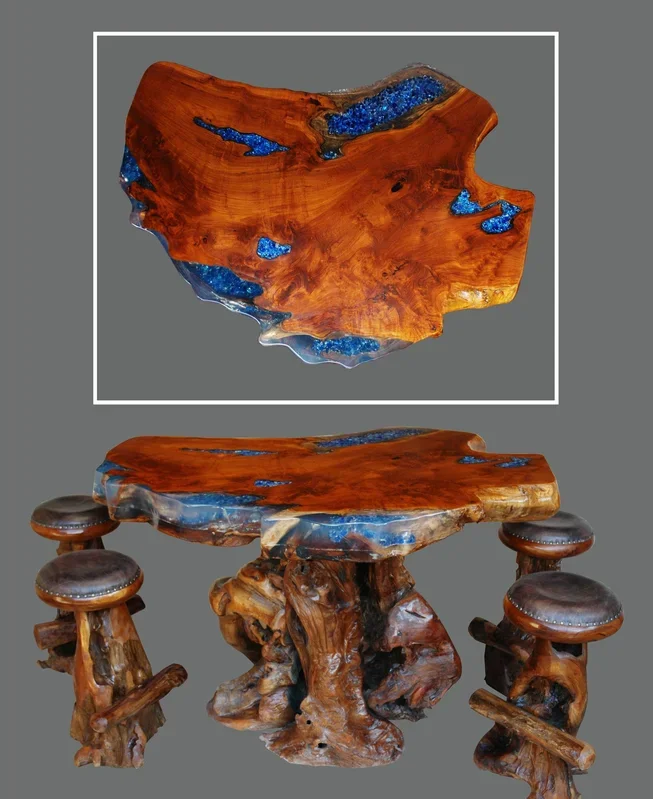 AFD Rare 100 Year Old Teak Bar Table with 4 Old Growth Stools