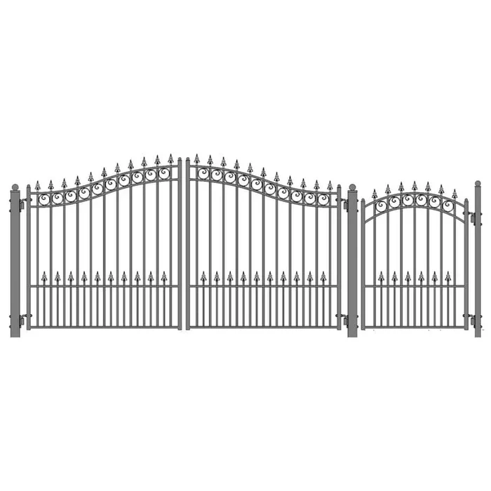 ALEKO Prague Style 12 ft. x 4 ft. with Pedestrian Gate Black Steel Swing Dual Driveway Fence Gate