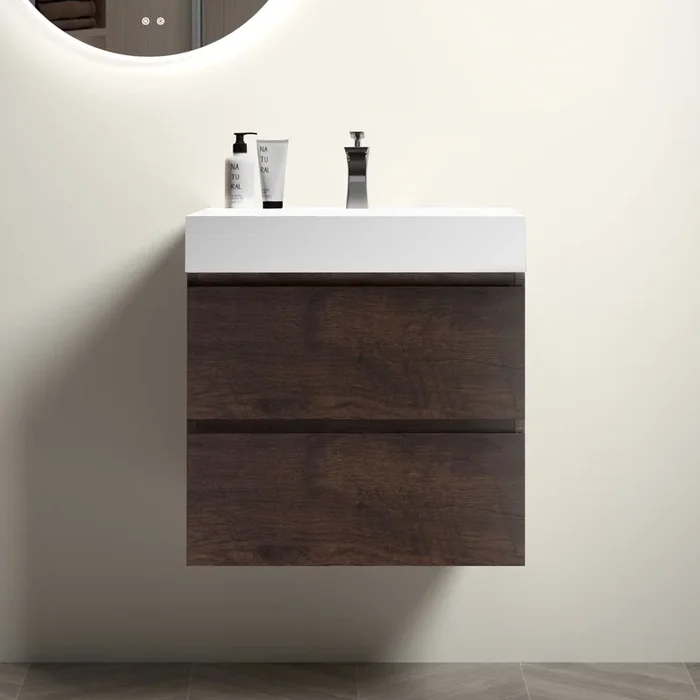Alice 24″ Walnut Bathroom Vanity With Sink, Large Storage Wall Mounted Floating Bathroom Vanity For Modern Bathroom, One Piece White Sink Basin Without Drain And Faucet, Pre Assembled White Walnut Melamine