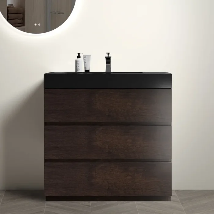 Alice 36″ Walnut Bathroom Vanity With Sink, Large Storage Freestanding Bathroom Vanity For Modern Bathroom, One Piece Black Sink Basin Without Drain And Faucet, Pre Assembled Walnut Black Melamine