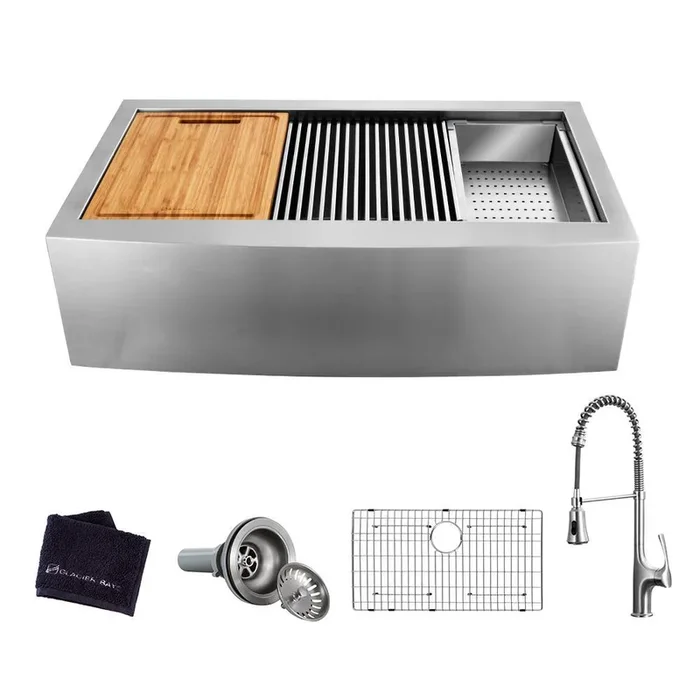 All-in-One Apron-Front Farmhouse Stainless Steel 33 in. 50/50 Double Bowl Workstation Sink with Faucet and Accessories