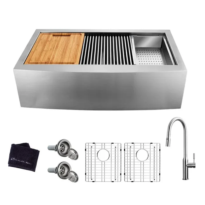 All-in-One Apron-Front Farmhouse Stainless Steel 33 in. 50/50 Double Bowl Workstation Sink with Faucet and Accessories