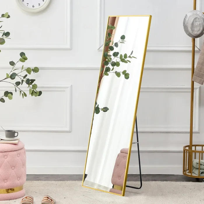 Aluminium Alloy Metal Frame Wall Mounted Full Body Mirror ,Bathroom Vanity Mirror, Bedroom Home Porch, Decorative Mirror, Clothing Store, Floor Mounted Large Mirror,.Golden 63″*20″ Golden Glass