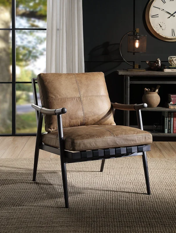 Anzan Accent Chair in Berham Chestnut Top Grain Leather & Matt Iron Finish