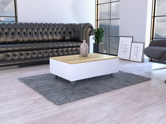 Aran Lift Top Coffee Table, Storage Compartment, White Light Oak Multicolor Particle Board Particle Board