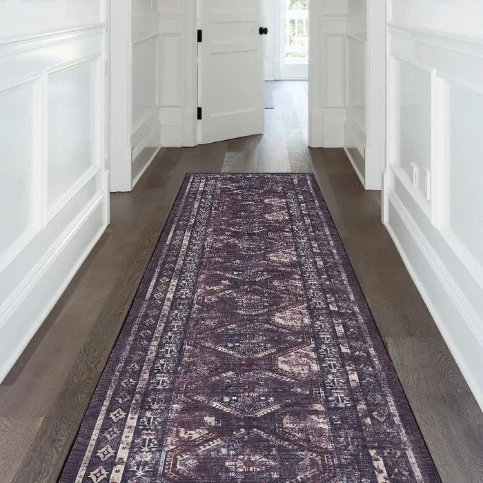 Area Rugs, Washable Rug, Low Pile, Non Slip, Non Shedding, Foldable, Kid&Pet Friendly Area Rugs For Living Room, Bedroom, Kitchen, Dining Room Rug Perfect Gifts, Black Burdy, 2’6” X 10′ Black Burgundy Chenille Polyester