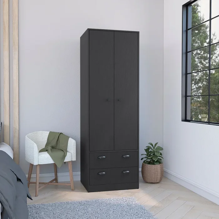 Armoire 70″H With 2 Drawers And 2 Doors, Black Hinged Black 2 Drawers Bedroom Modern 2 Or Less Black Particle Board Particle Board