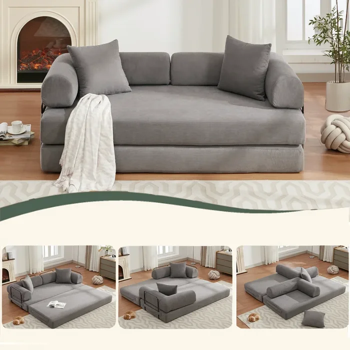 Arrived 78.5″ Folding Convertible Out Sleeper Sofa Bed,4 In 1 Diy Combination Convertible Sofa,3 Seat, Folding Sofa, King Sizebedroom,Apartment,Corduroy,Green,Gray Gray Polyester Primary Living