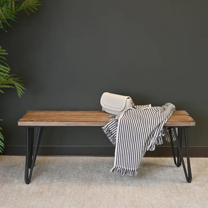 Aryven Industrial Wood Dining Bench, Rustic Dark Pine Finish Brown Mdf Metal