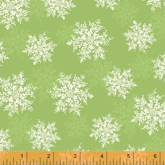 ASSORTED WHITE AND LIGHT GREEN SNOWFLAKES ON GREEN FABRIC – 40292-1-C- Season’s Greetings