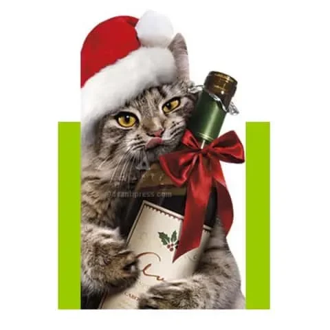 Avanti Press Cat with Wine Bottle Christmas Greeting Card Paper 1 pc