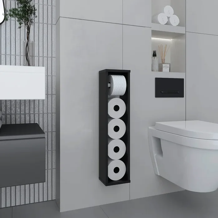Bali 28″ High Toilet Paper Holder Narrow Shelf Organizer For Bathroom, Living Room, Kitchen Black Bathroom Freestanding Modern Particle Board