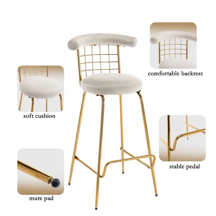 Bar Stool Set of 2, Luxury Velvet High Bar Stool with Metal Legs and Soft Back, Pub Stool Chairs Armless Modern Kitchen High Dining Chairs with Metal Legs, Beige