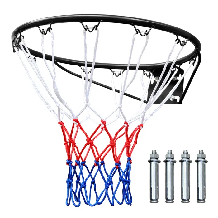 Basketball Rim Replacement Standard 18″ Steel Rim Wall Mounted Basketball Goal Hoop With Net For Indoor Outdoor Black Balls Sports Black Iron