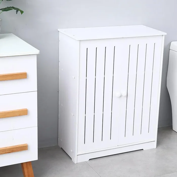 Bathroom Floor Standing Cabinet, Storage Cabinet w/ Doors and Shelves, PVC Bathroom Organizers and Storage, Utility Bathroom Organizer Space Saver for Living Room, Bedroom, Kitchen, White, W3932
