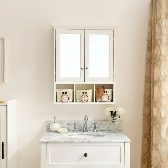 Bathroom Storage Cabinet, Medicine Cabinets for Bathroom with Mirror, 2 Doors 4 Adjustable Shelf + 3 Christmas Style Storage Basket, White Wood Cabinet Wall Mounted for Bathroom Laundry Room Kitchen
