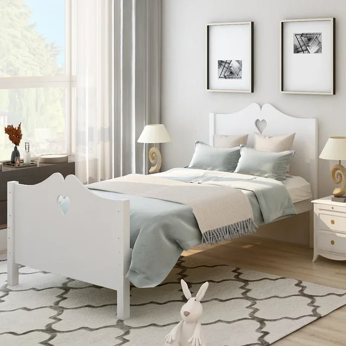 Bed Frame Twin Platform Bed with Wood Slat Support and Headboard and Footboard (White)