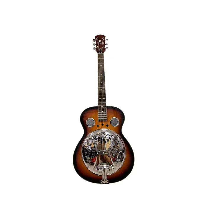 Beginner Metal Resonator Guitar, Full Size Circular Neck Traditional Resonator, Built In Preamplifier Black Brown Wood