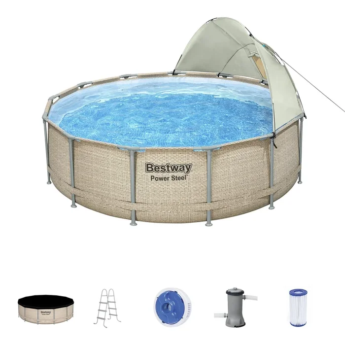 Bestway Power Steel 13′ x 42″ Above Ground Outdoor Swimming Pool Set with Canopy