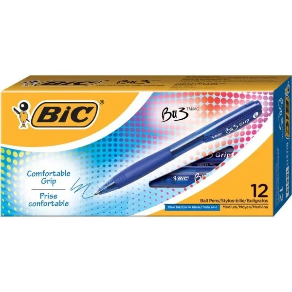 Bic Bu3 Grip Retractable Ballpoint Pens, Medium Point, 1.0 Mm, Clear Barrel, Blue Ink, Pack Of 12