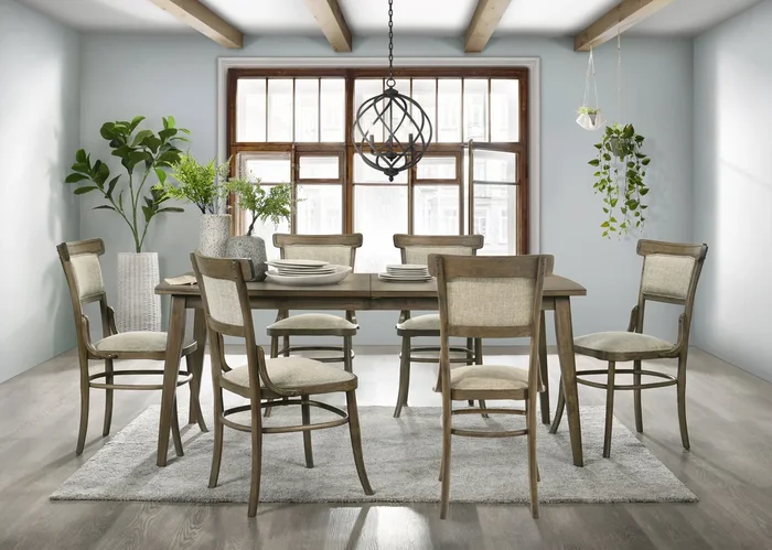 Bistro Vintage Walnut 7 Piece 72″ Dining Table Set With Off White Fabric Dining Chairs Walnut Solid Wood Mdf