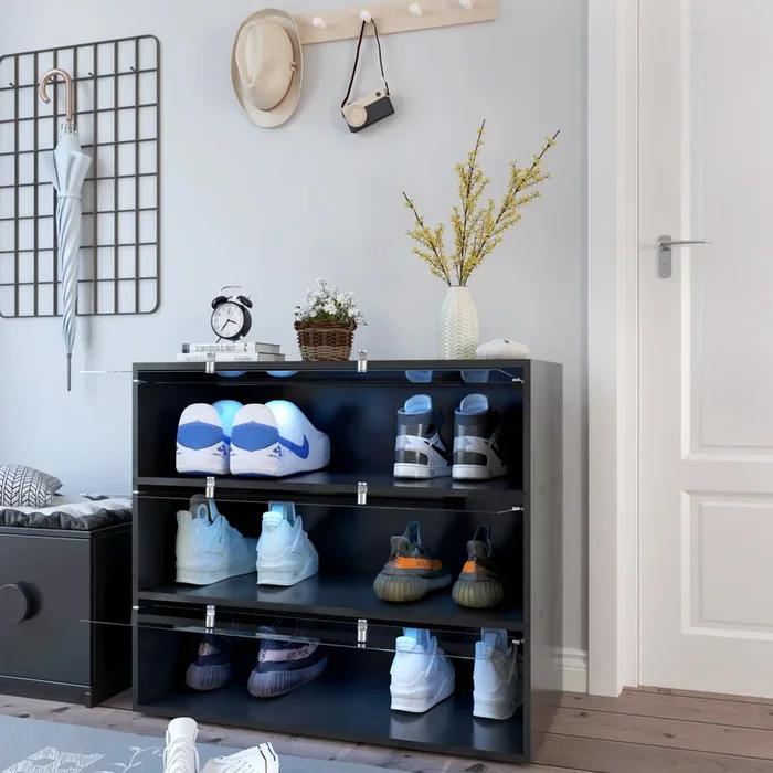 Black Glass Door Shoe Box Shoe Storage Cabinet With Rgb Led Light Black Mdf
