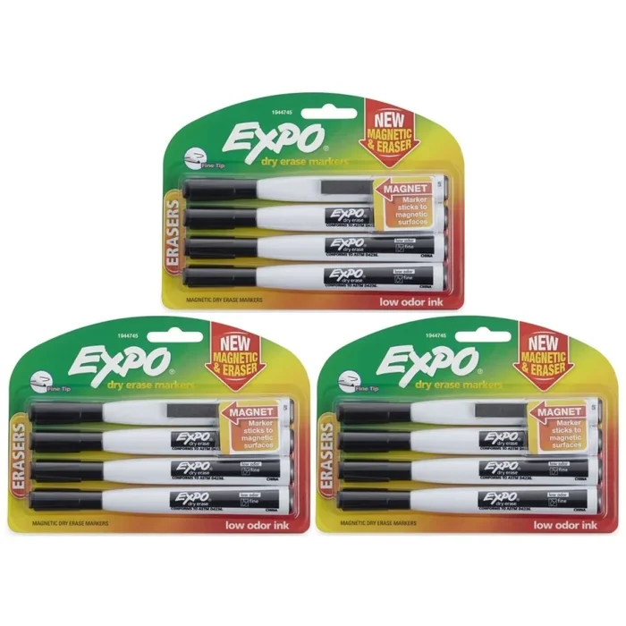 Black Magnetic Fine Tip Dry Erase Markers With Eraser 12Ct