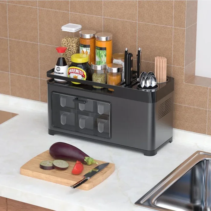 Black Stainless Steel Spice and Condiment Rack Utensil Holder Kitchen Organizer Drainboard Spices Rack and Knife Storage