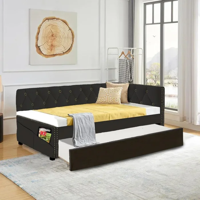 Black Upholstered Twin Size Daybed Bed Frame Corner Bed With Trundle, Velvet Fabric, Studding Design, No Box Spring Required, Fits Any Style Box Spring Not Required Twin Black Wood Espresso Bedroom Artsy,Retro,Vintage Rubberwood Fiber Foam And Polyester