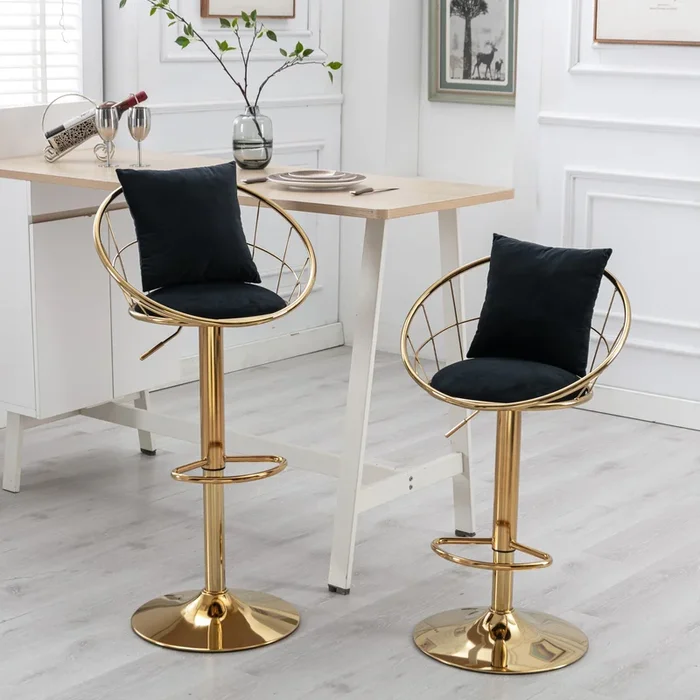 Black velvet bar chair, pure gold plated, unique design,360 degree rotation, adjustable height,Suitable for Dining room and bar,set of 2
