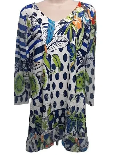 Blouse-Pullover3/4 Sleeve-Aqua Floral-Women’s-12354