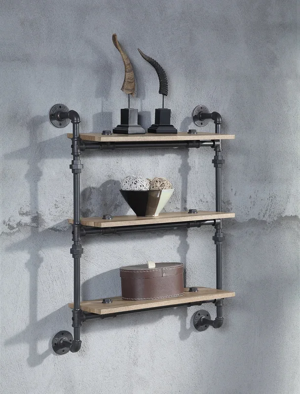 Brantley Wall Rack w/3 Shelves in Oak & Sandy Black Finish