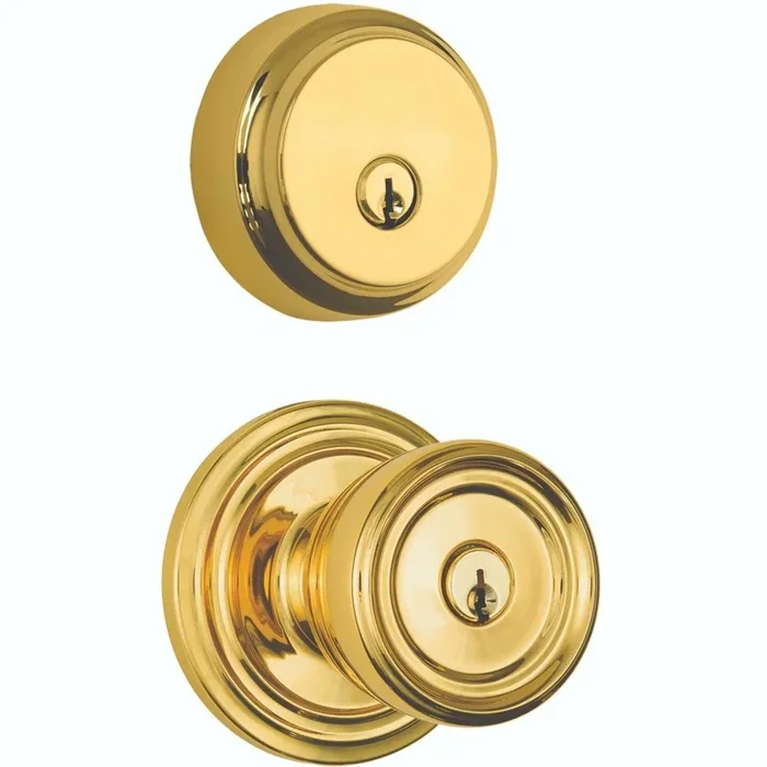 Brinks Push Pull Rotate Barrett Polished Brass Knob and Deadbolt Set ANSI Grade 2 1.75 in.
