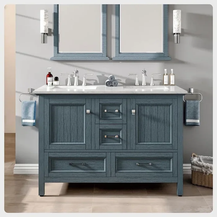 Britney 48 in. W x 22 in. D x 34 in. H Double Bath Vanity in Ash Blue with White Carrara Marble Top with White Sinks