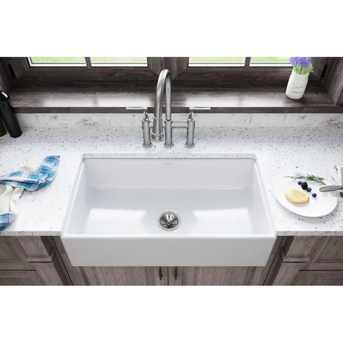 Burnham White Fireclay 33 in. Single Bowl Farmhouse Apron Kitchen Sink