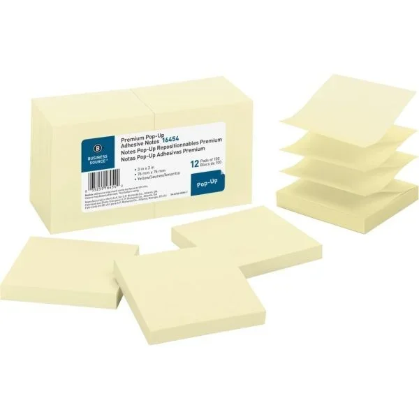 Business Source Reposition Pop-Up Adhesive Notes – 3″ X 3″ – Square – Yellow