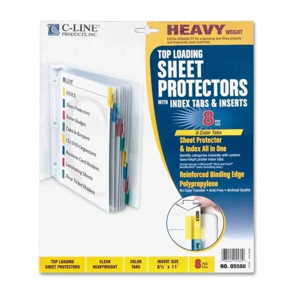 C-Line Top-Loading Sheet Protectors With Tab Inserts, 8 1/2″ X 11″, 8-Tab, Assorted Colors