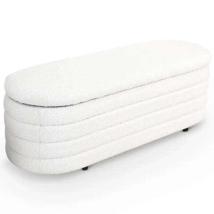 Cabana White Boucle Bench W Storage Black,White Brown White Mid Century Modern Teak Flip Top Boucle,Solid Wood