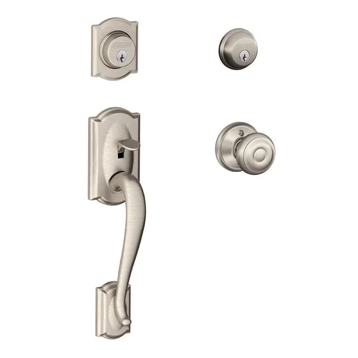 Camelot Satin Nickel Double Cylinder Deadbolt with Georgian Knob Door Handleset