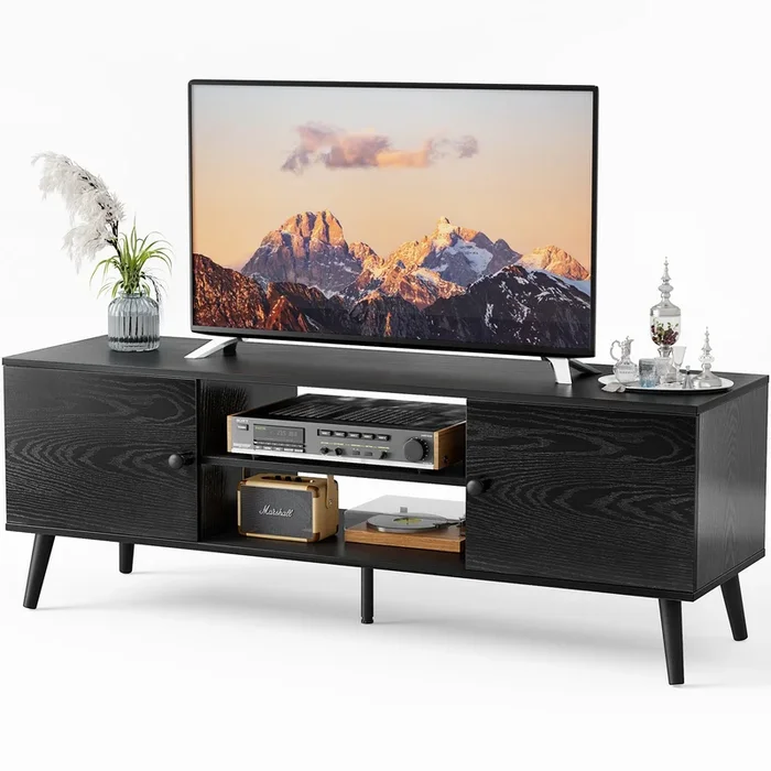 Can Accommodate 60 “Tv, Living Room Bedroom Tv Media Console, Adjustable Shelves, 2 Storage Cabinets, Black Black Metal & Wood