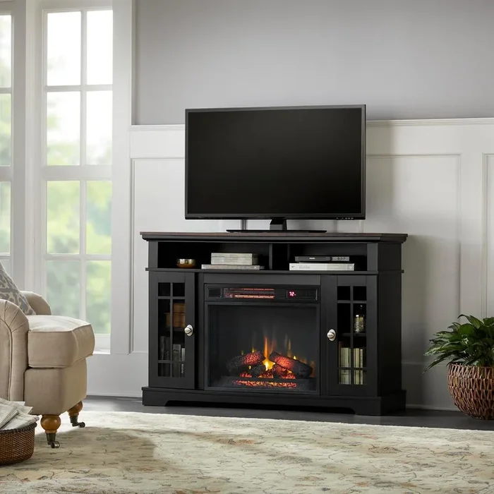 Canteridge 47 in. Freestanding Media Mantel Electric TV Stand Fireplace in Black with Oak Top