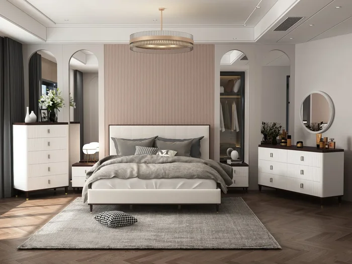 Carena Queen Bed, Light Gray Fabric, White & Brown Finish