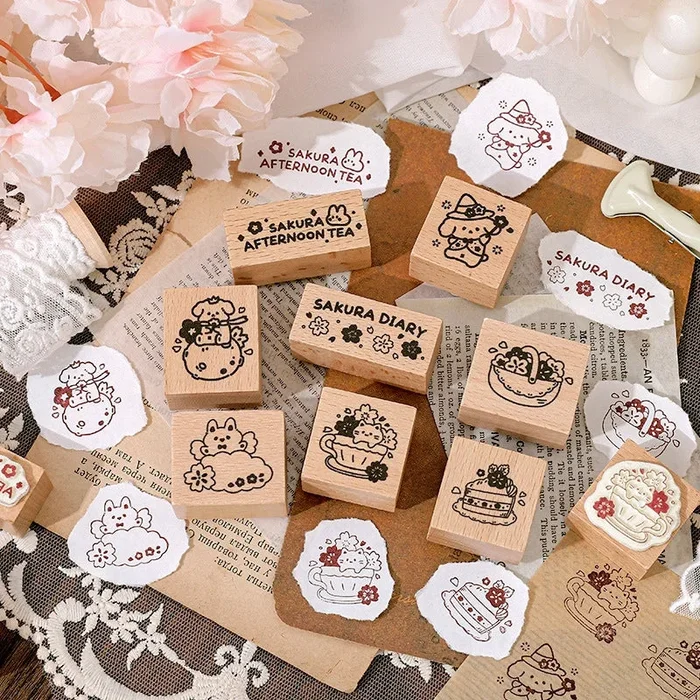Cartoon Afternoon Tea Cute Animals Wooden Rubber Stamp
