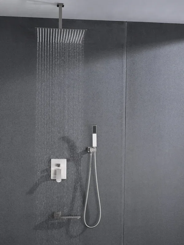 Ceiling Mounted Shower System Combo Set With Handheld And 16″Shower Head Brushed Nickel Bathroom Brass